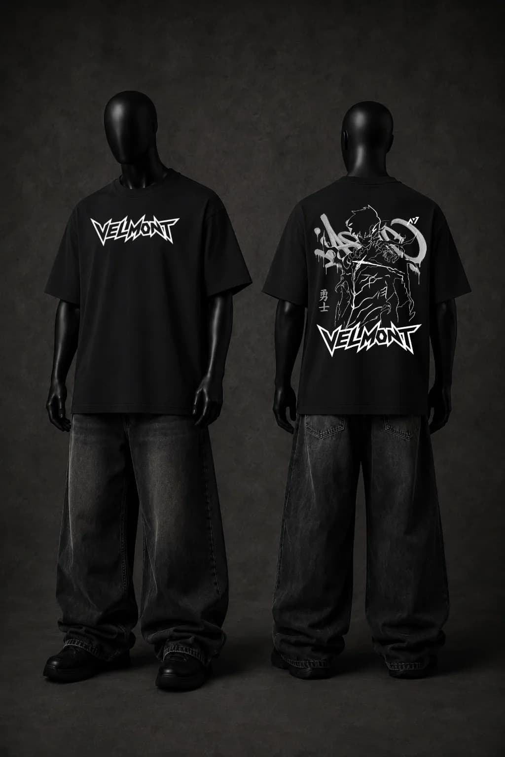 Anime Warrior t-shirt front and back shown together under studio light